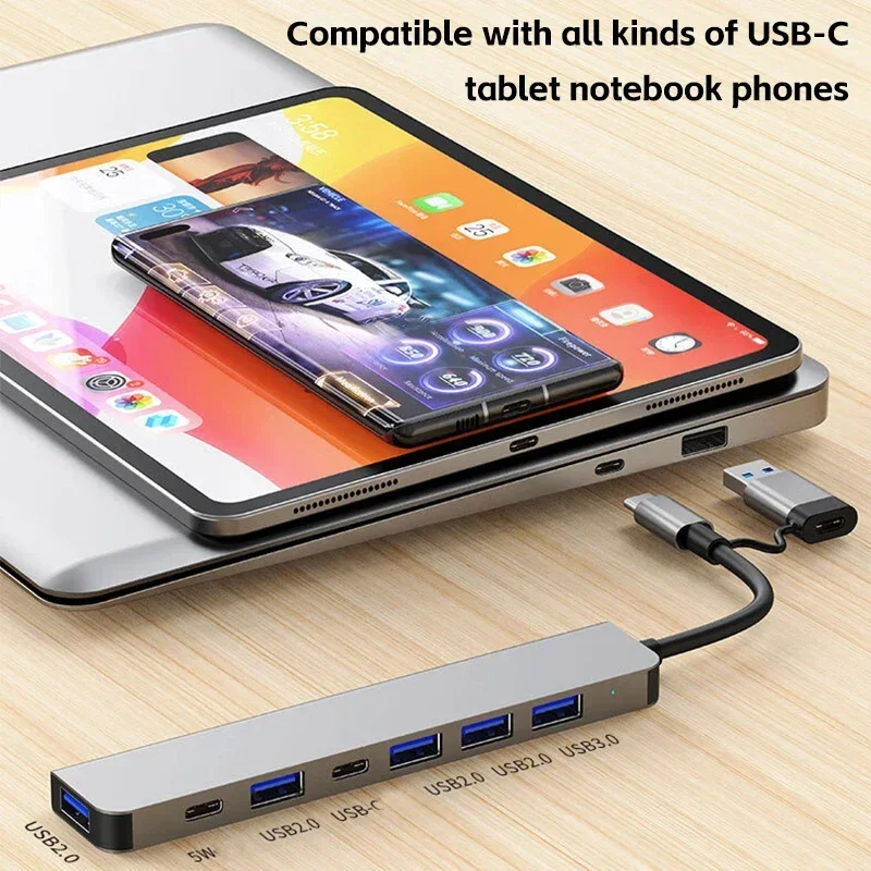 Multiport Type C USB Hub Adapter, 2 in 1 Splitter with 7/8 Ports, Aluminum Docking Station3.5 Audio for Macbook Pro Air