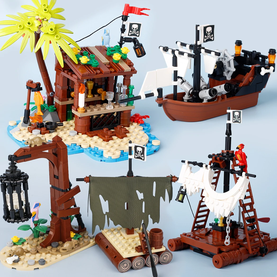 Moc Piraten insel Floß Bausteine Kit Segel Schiff Galgen Baum Guillotine Gefängnis Käfig Papagei Holzhaus Boot Ziegel Spielzeug