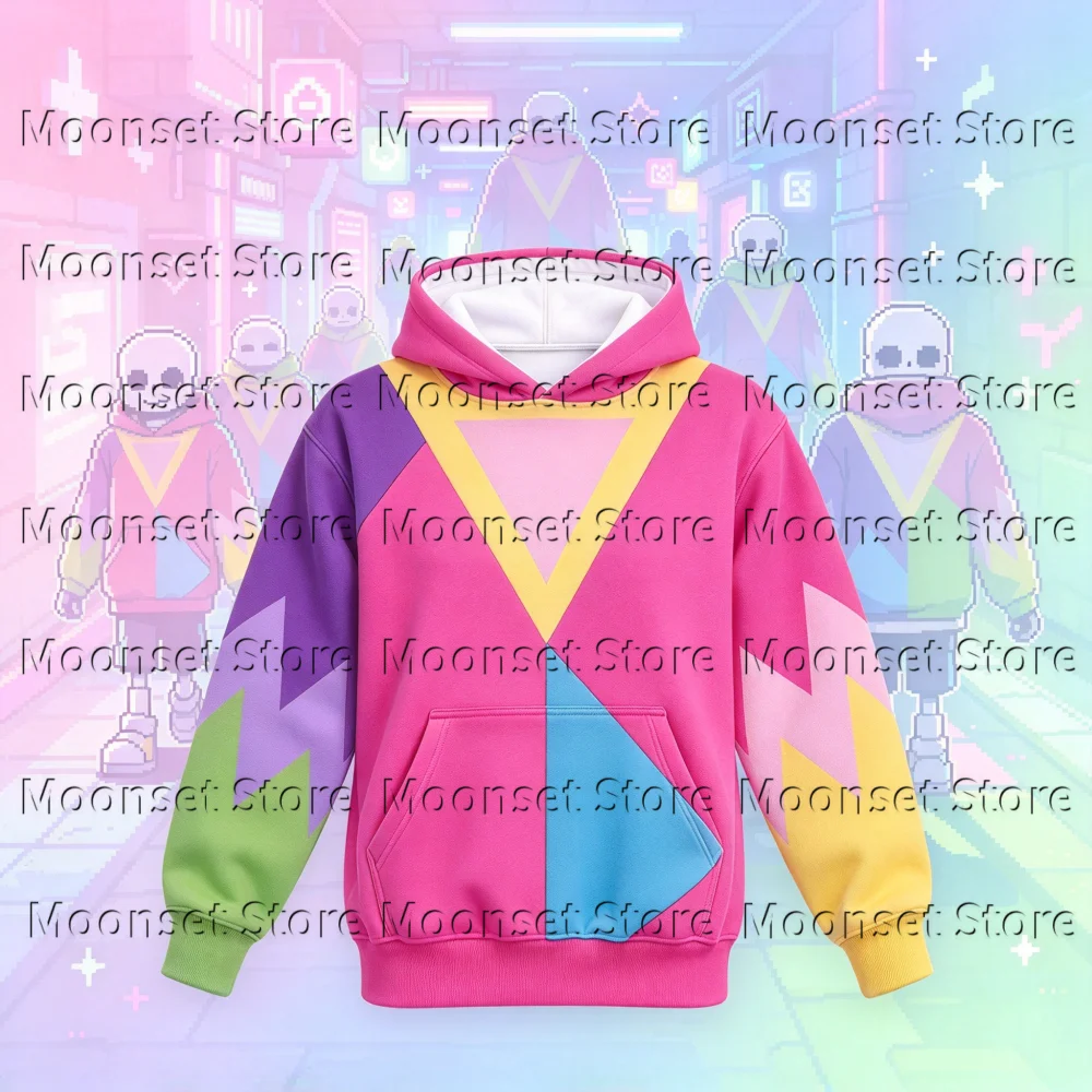 Unisex Cosplay Hooded Sweatshirt Undertale Multicolor Triangle Patchwork Loose Long Sleeve Pullover Top Men's Hoodie Kids Hoodie