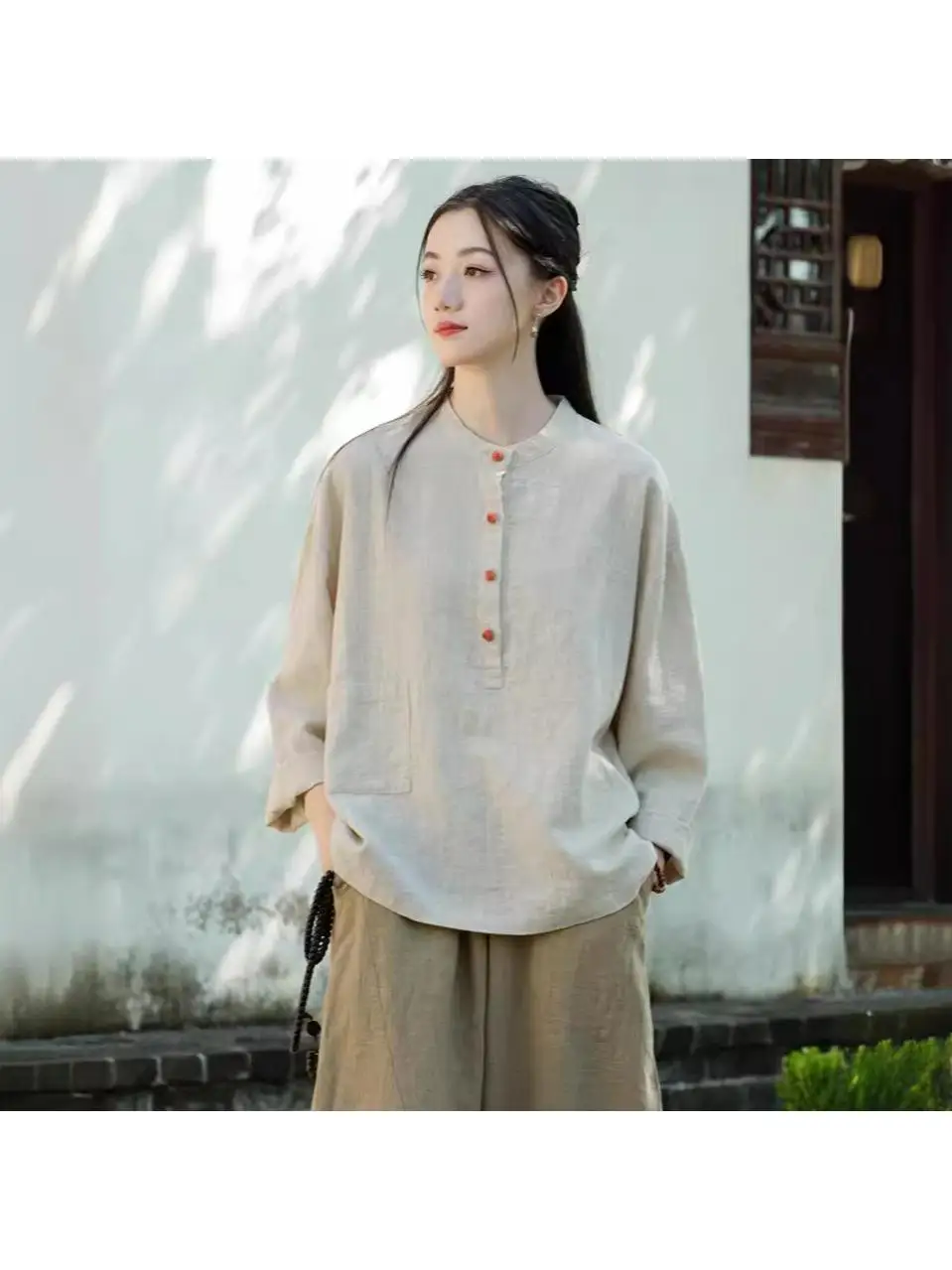

Autumn 2025 Women's Cotton Linen Shirt Stand Collar Patchwork Color Button O-neck Large Size Top Vintage Style Long Sleeve