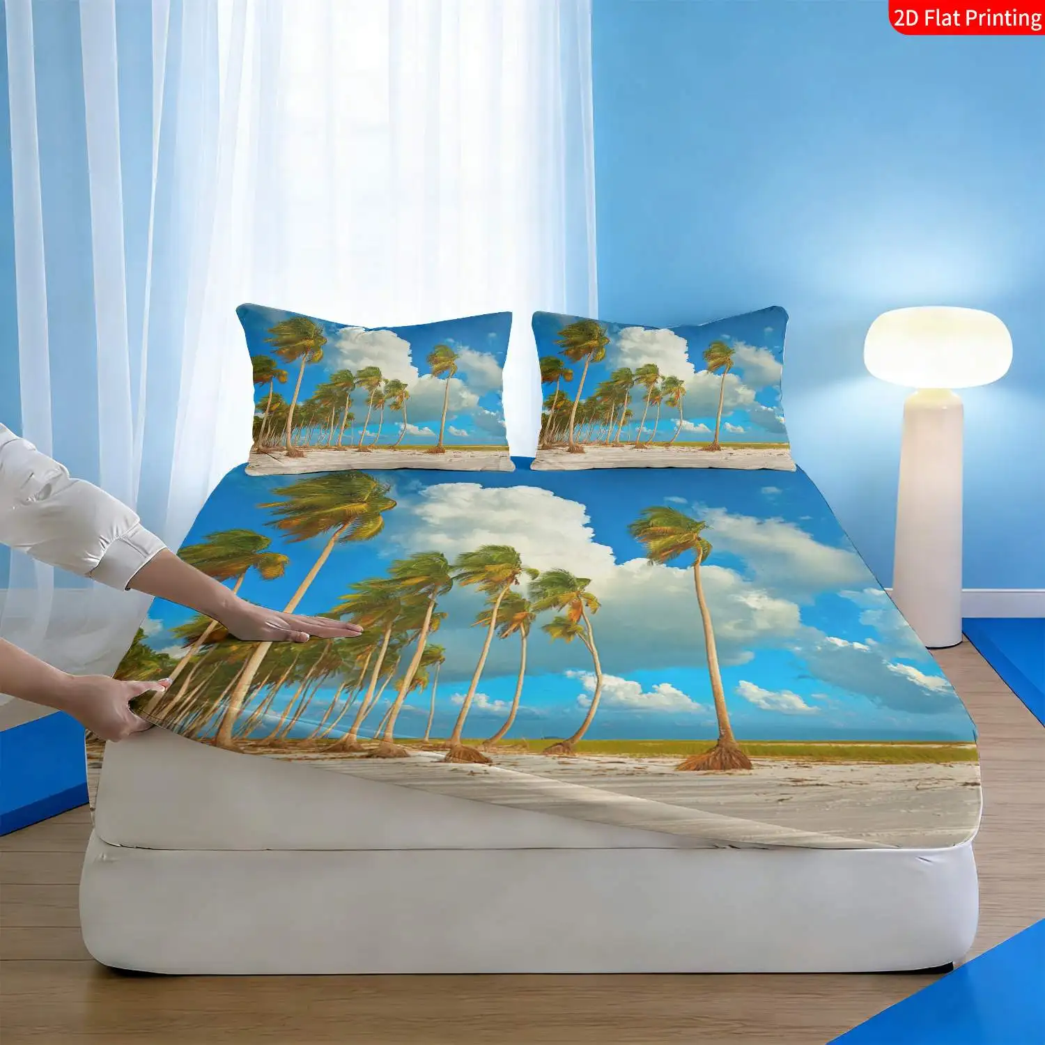 Tropical Beach Style, Coconut Tree and Blue Sky Print, White and Green Three-Piece Fitted Sheet Set, 2D Digital Print Three-Piece Bedding Set (Includes 1 Fitted Sheet + 2 Pillowcases), 3-Piece Set, Deep Pocket Fitted Sheet with 2D Print and 2 Pillowcases, Fitted Sheet Style with Elastic Band, Protective Cover, Mattress Protector, Machine Washable Design, Holiday Decoration, Various Sizes, Breathable Protective Cover Plus Pillowcases