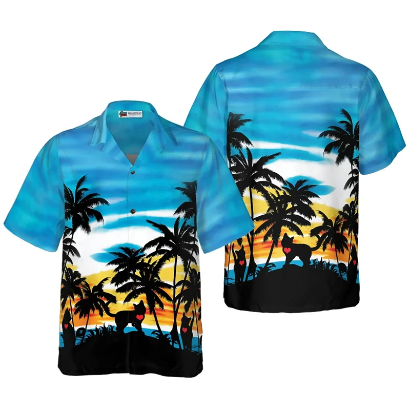 Funny Cat Hawaiian Shirt Men And Women Clothes Summer Fashion Street Short Sleeve Lapel Tops Kid Cute Vacation Beach Shirts