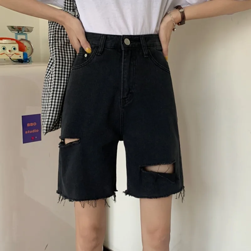 

Женские джинсовые брюки Bla с высокой талией, лето 2024, новые свободные широкие брюки с пятью точками, шикарные рваные джинсы со вкусом Гонконга