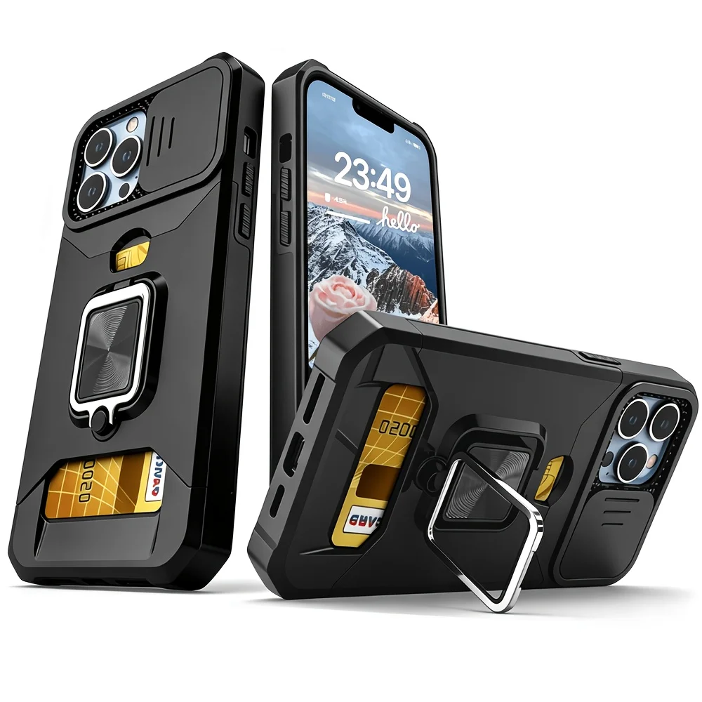 Heavy Metal Stand Card Slot Hard Phone Case for Iphone 16 15 14 13 12 11Pro Max 17air 17 16 15 14 13 12Pro Shockproof Cover