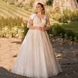 Customized Wedding Dresses Plus Size V Neck 3/4 Sleeves Bride Gowns Appliques Lace up Sweep Train Tulle A-Line Robe De PSL98009