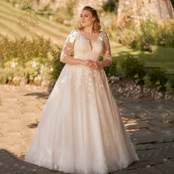 Vestidos De novia personalizados De talla grande con cuello en V mangas 3/4 vestidos De novia apliques con cordones tren De barrido tul A-Line Robe De PSL98009