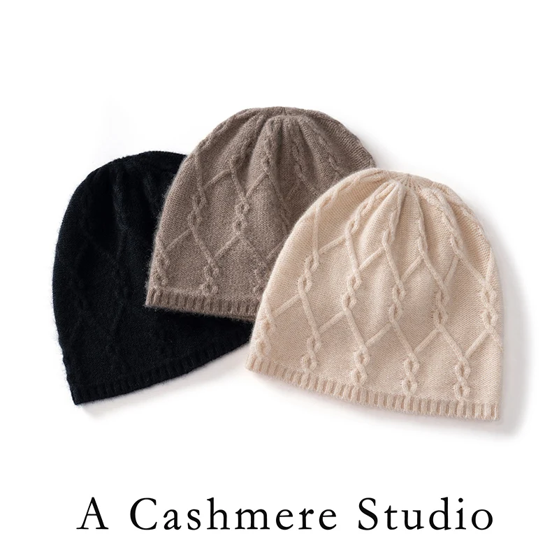 Thicken Winter Hat For Women 100% Pure Cashmere Knitted Hats Outdoor Casual Soft Warm Caps Female Windproof Beanie Cap