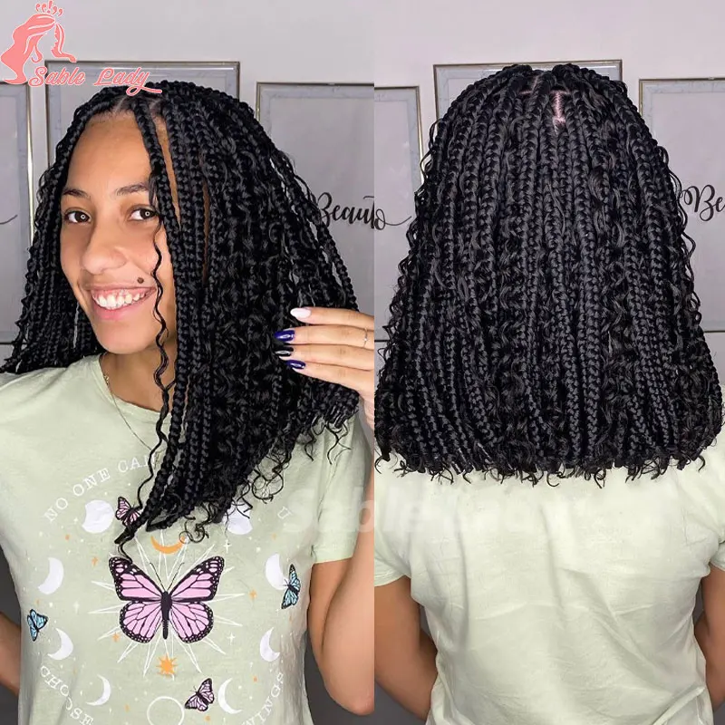 Synthetic Short Bob Box Braided Wigs For Black Women 12 Inch Cornrow Braids Wig African Bohemian Curly Short Boho Braiding Wigs