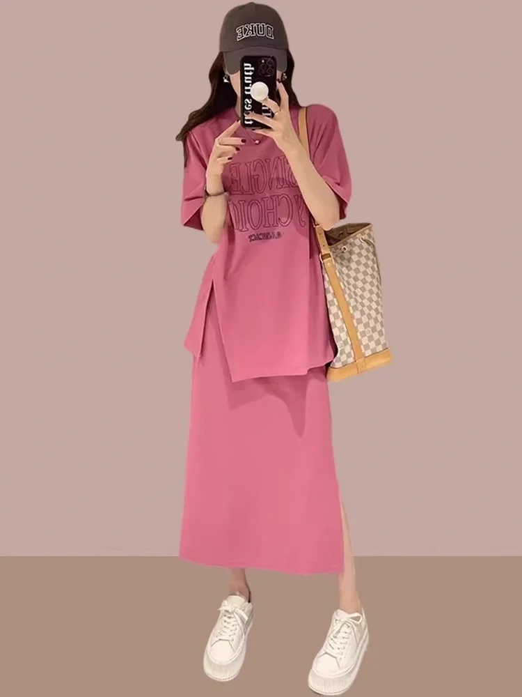 Faionable Traje de mujer de talla grande 300 Pou Verano Rosa Split Top f Falda Conjunto de dos piezas redondo Ne ort Sve Long P...