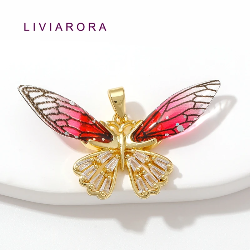 1/2Pcs 18K Gold Plated Brass Resin Wings Butterfly Pendant CZ Tail Wings Insect Pendant Charms For DIY Jewelry Making Supplies