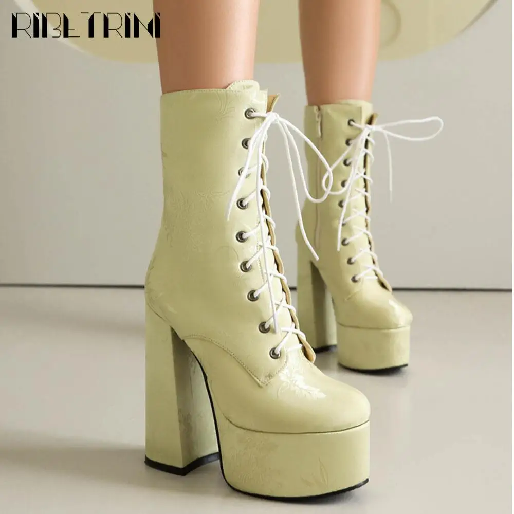 2024 New Winter Women Ankle Boots Chunky High Heels Lace Up Zip Platform Shoes Luxury Elegant Fashion Design Boots For Woman