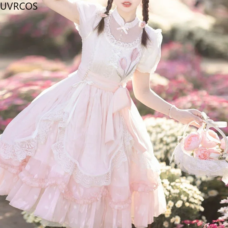 Różowy Kawaii sukienka Lolita kobiety słodki kwiat tulipana haft bufiasty krótki rękaw księżniczka sukienka Harajuku w stylu chińskim sukienka Hanfu