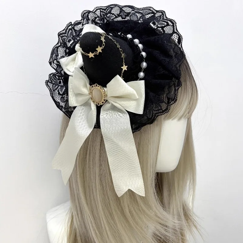 Handmade Gothic Magic Girl Small Hat Lolita Sweet Lace Bow Headdress Halloween Cosplay Comic KC Hairpin Witch Hat Hair Accessory