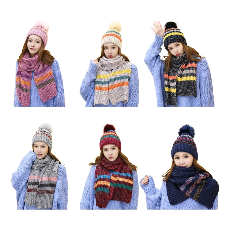 Women Winter Crochet Knitted 2 Pieces Beanie Hat Long Scarf Shawl Wrap Set Contrast Colored Striped Thick Plush Lined