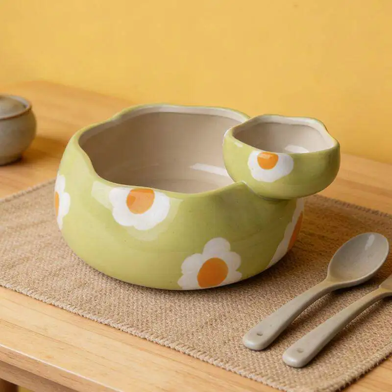 Nordic Ceramic Round with Sauce Bowl Ornaments Kitchen Dining Table Dim Sum Fruit Salad Bowl Breakfast Dishes Crafts Decoration