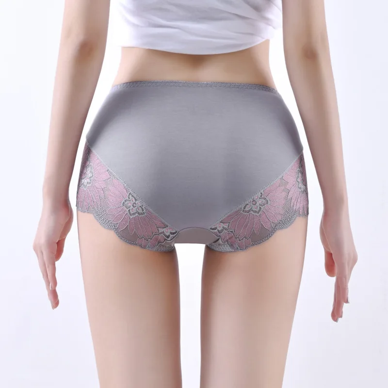 40-80kg Modal Perspective Jacquard Silky Briefs Sexy Lace Cotton File Mid-waist Large Size Women\'s Ice Silk Underwear Panties