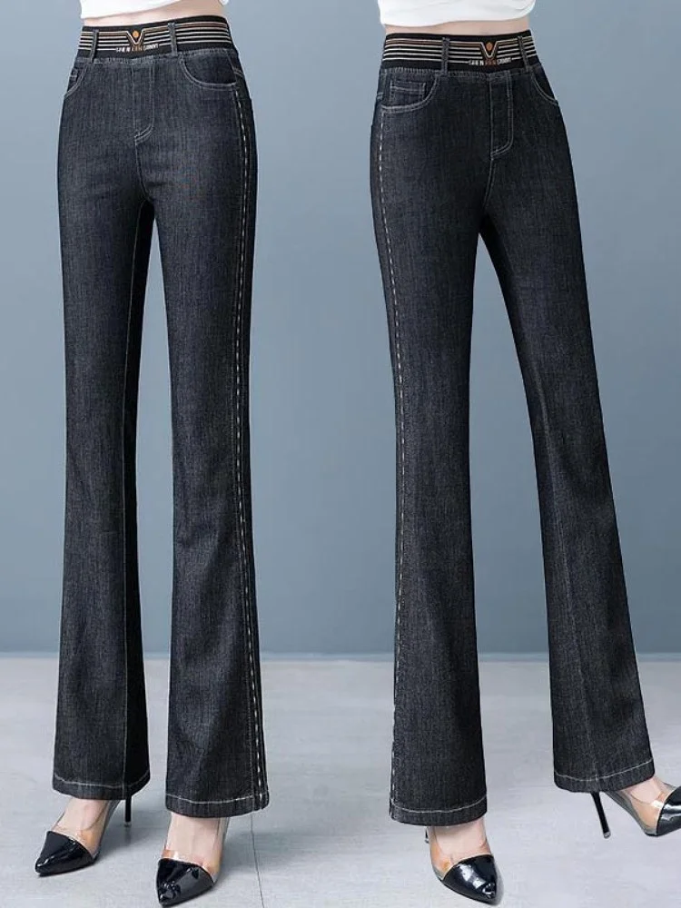 

Модные облегающие женские джинсы с эластичной резинкой на талии, эластичные расклешенные брюки с высокой талией, длинные хлопковые, полиэстеровые, вискозные