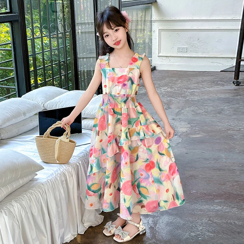 Girls Princess Dress Summer New Children's Puff Sleeve Long Dress Sweet Print Loose Kids Wear 6 8 10 12 14 Years Teens Clothes