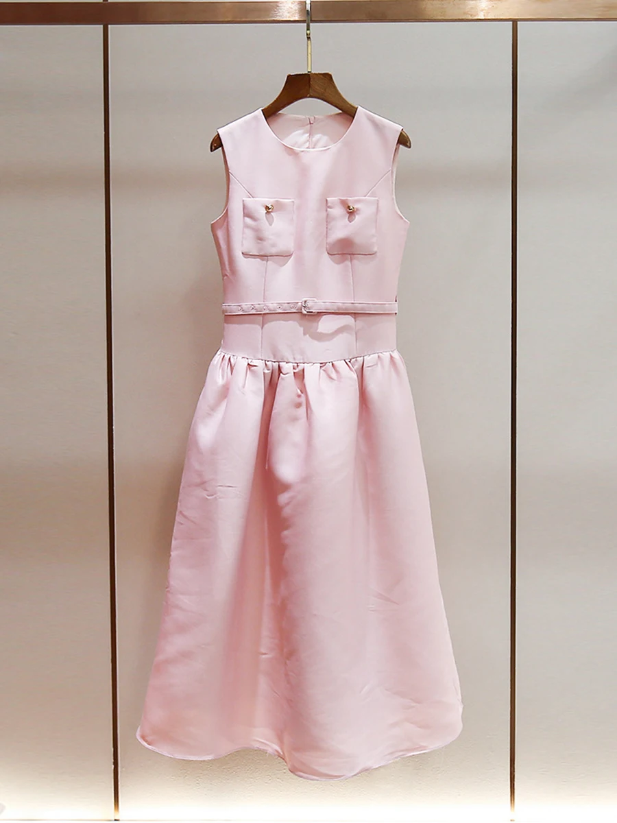 VGH Rosa Farbe Elegantes Midikleid für Frauen Rundhals Ärmellos Patchwork Schärpen Tunika Süße Party-Stil Kleider Weiblicher Stil