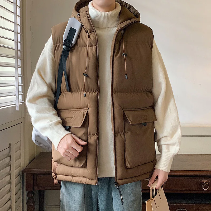 KIDWHXR Winter Men Cargo Vest Windproof Thicken Multi-pocket Male Hooded Parkas Waistcoat Outdoor Sport Casual Man Coat Vest