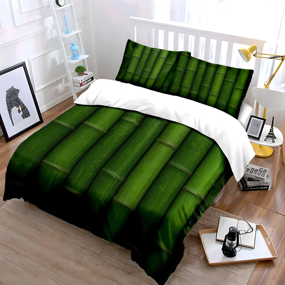 Neatly Arranged Green Bamboo Duvet Cover Set with 3D Printing Design Soft Polyester Bedding Set All-Season Comfort for gifts
