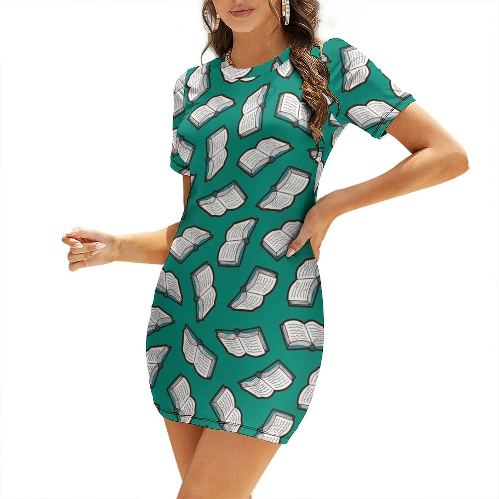 

Bookish Reading Pattern in Jade Short Sleeved Dress sexy dress Women's summer skirt luxury dresses party dresses women