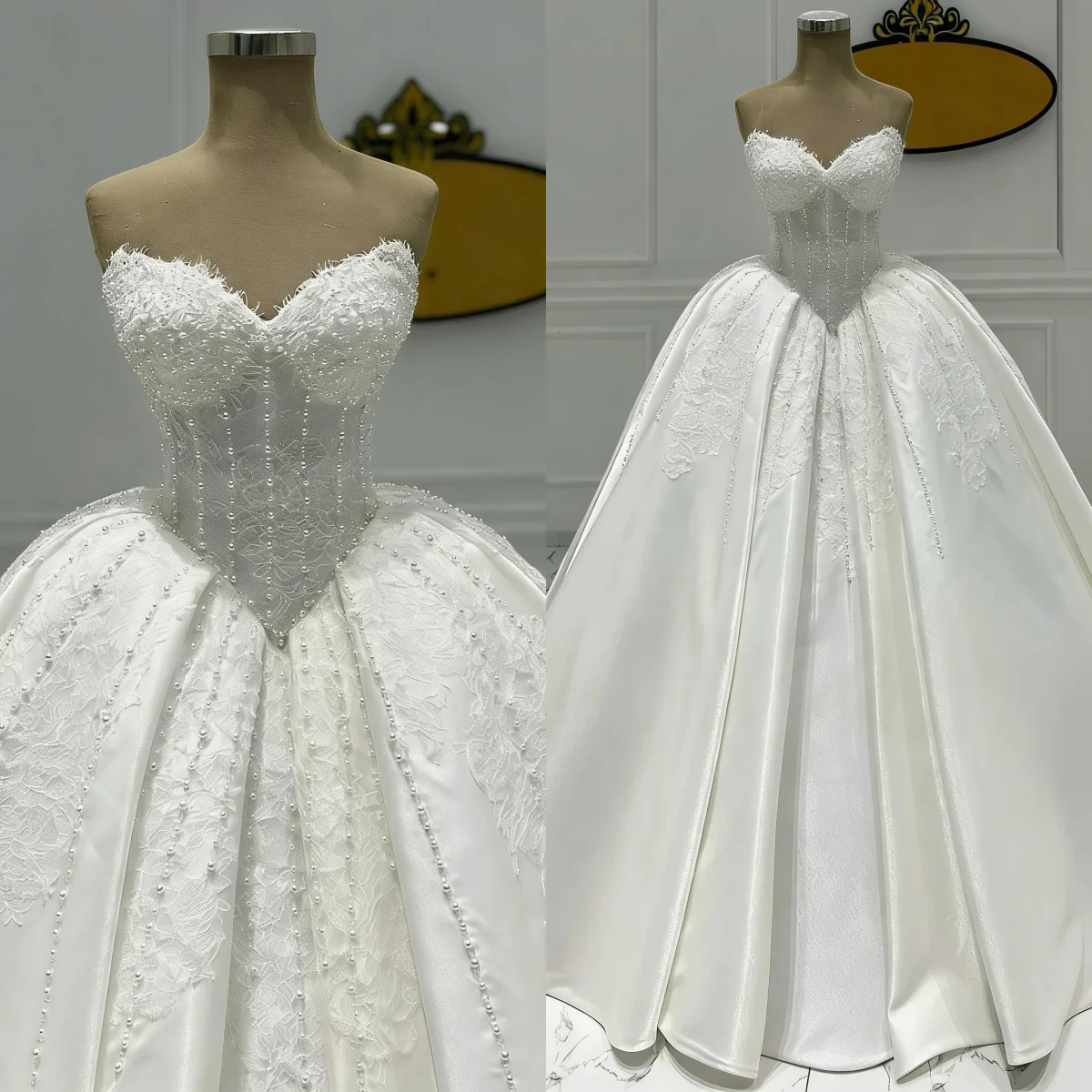 

Elegant Pearls Ball Gown Wedding Dresses Sweetheart Neck Sleeveless Bridal Gowns Lace Appliques Customized Vestidos De Novia