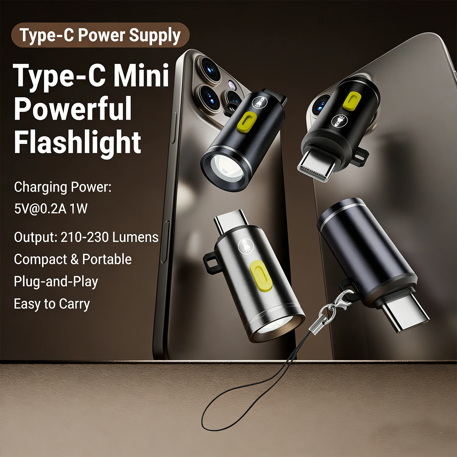 2pcs Mini Flashlight USB C LED 210 Lumens, Type-C Male Portable Night Light with Keychain Hook for Phone Power Bank Outdoor