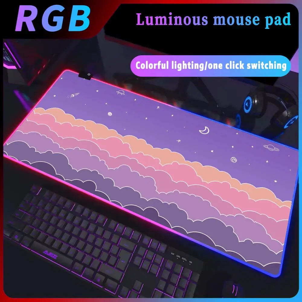 xxl  Rgb Large Kawaii women Desk mat Cute pink purple clouds Aesthetic Mouse Pad Keyboard Pc Complete Rug Office Xxl Company Mat