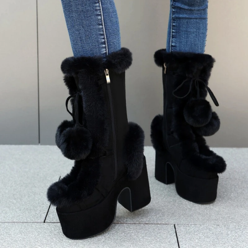 2024 New Winter Womens Snow Boots Thick-soled High-heeled Imitation Fur Ladies\' Shoes Women\'s Plush Warm Non-slip Mid-calf Boots