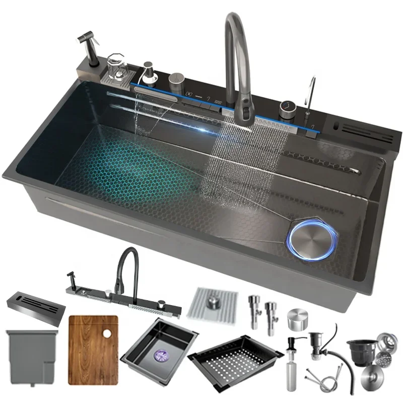 Big Discount Newest Multifunctional Black Kitchen Sink 304 Smart Stainless steel Large Sink with Dishwasher for Hotel Kitchen