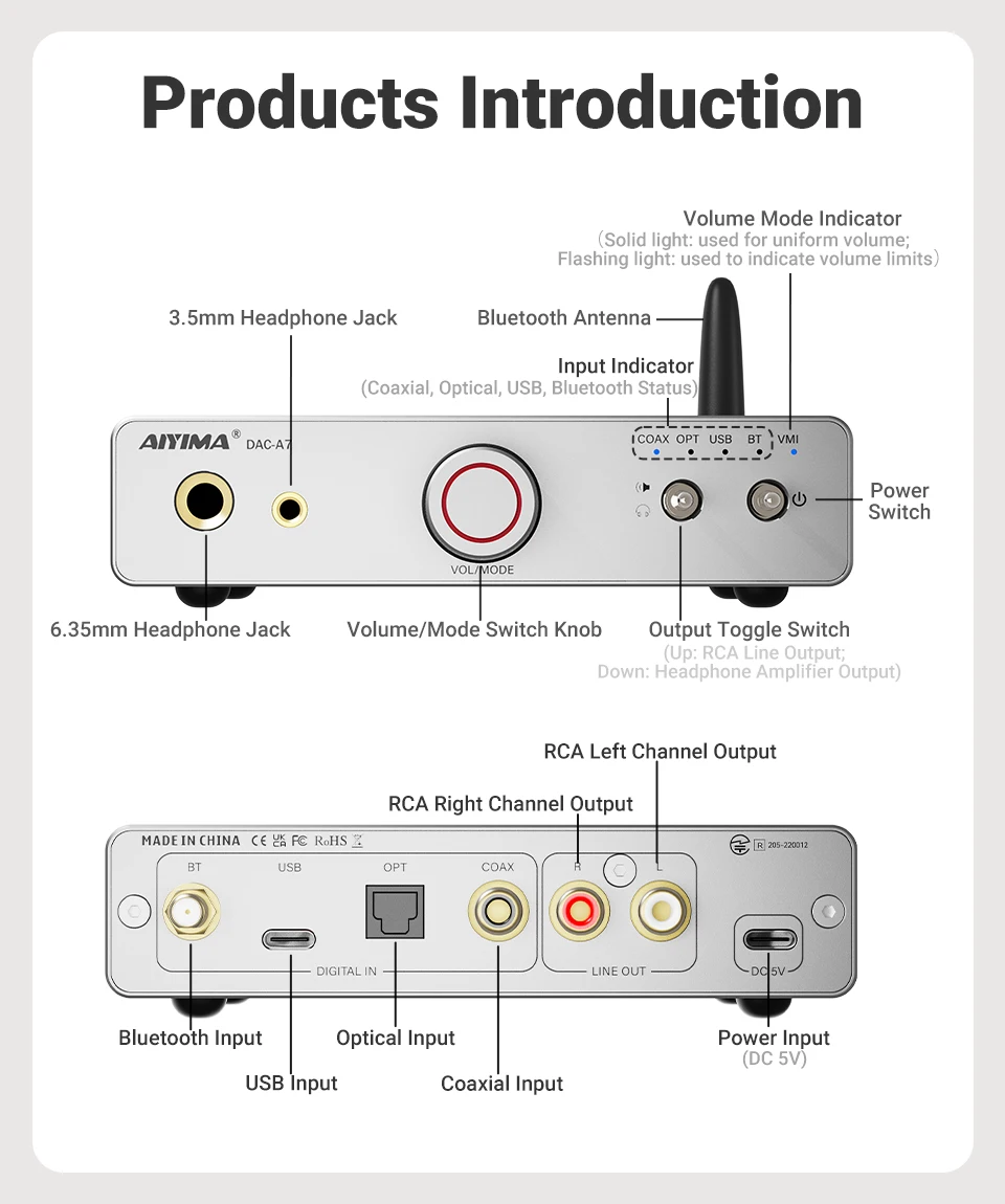 AIYIMA DAC-A7 Mini Stereo Audio USB-Decoder Kopfhörerverstärker Bluetooth 5.4 ES9038Q2M für Heim/Desktop Aktiv-Lautsprecher – Detail 4