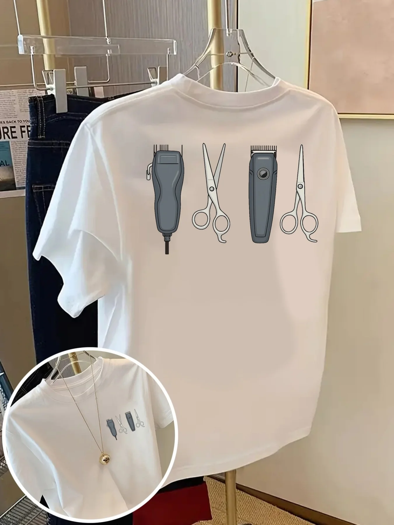 Short sleeved T-shirt - Barber Tool, Electric Scissor Fashion Print - Women's Spring/Summer Trendy Printed T-shirt, Fashion Item