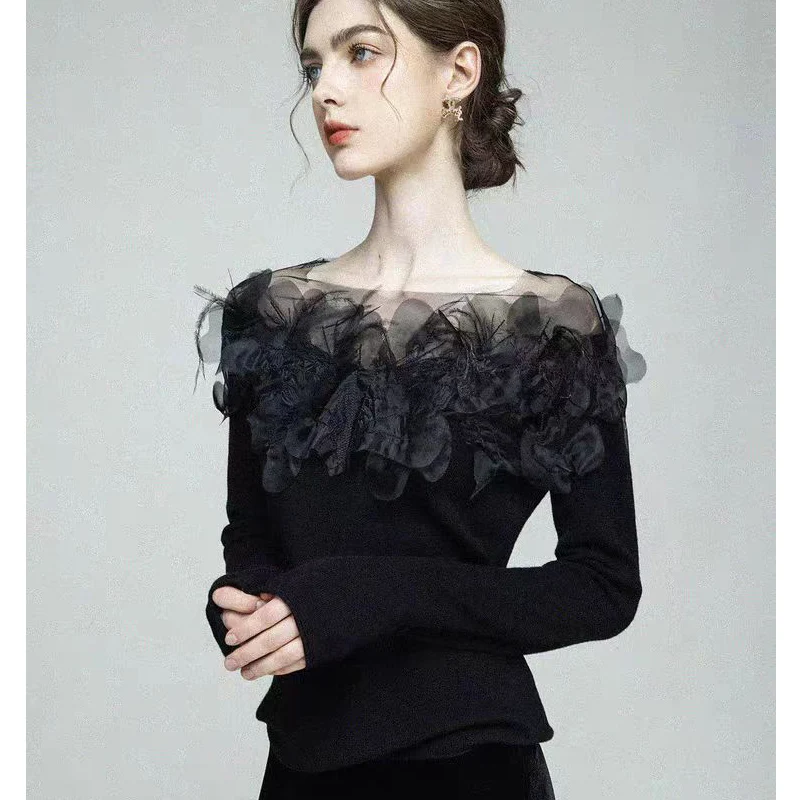 Spring and Autumn New Fairy Style 100 Wool+Ostrich Wool Hand Embroidered Floral Mesh Base Knitted Top for Women S-XL