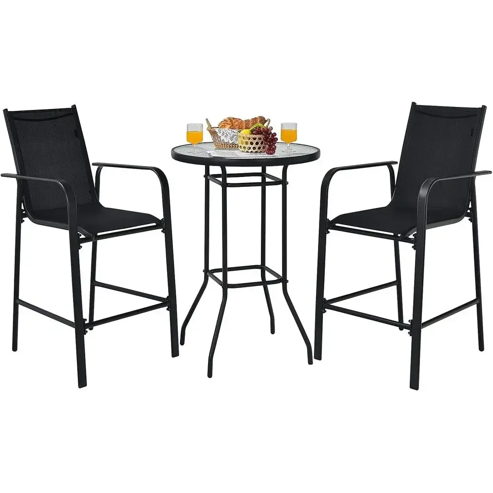 3-Piece Outdoor Patio Bar Set with 2 Stools and Tempered Glass Table, Black