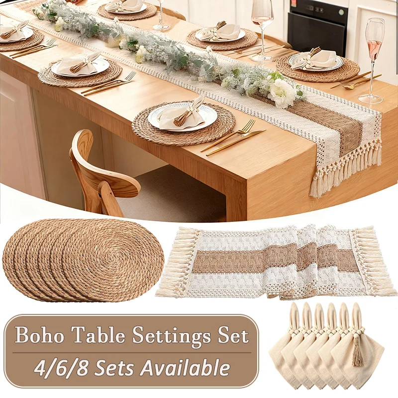 4/6/8 conjuntos boho decorações de mesa de jantar fazenda placemats rústico corredor guardanapos anéis para casa cozinha sala de jantar