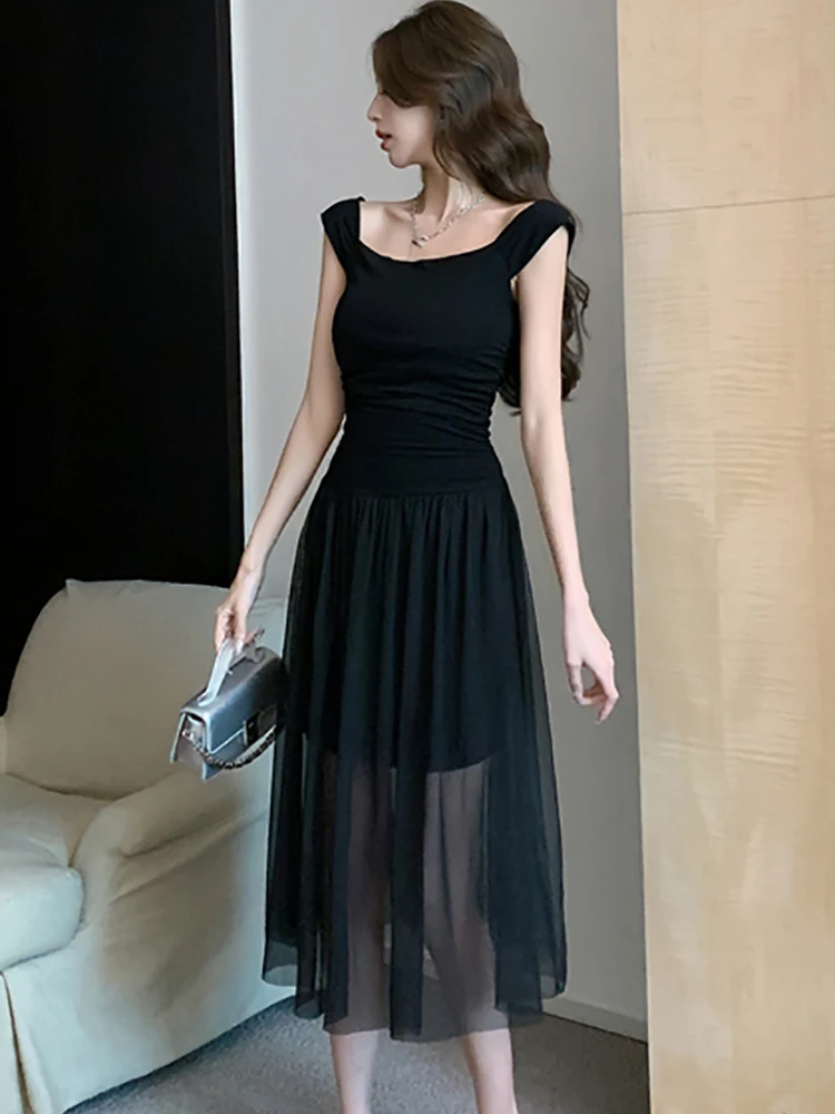 Vestido largo elegante de verano para mujer, una pieza con traje negro de cuello cuadrado, malla de retazos, estilo coreano, 2024