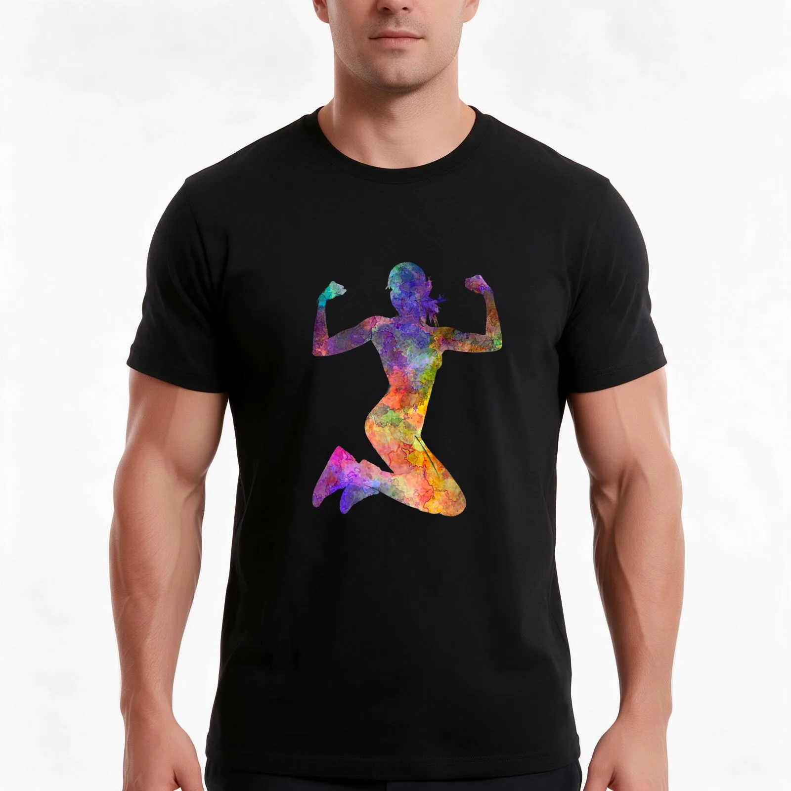 Woman runner jogger jumping powerful T-Shirt, Summer Casual Cotton Tee, Oversized Streetwear Tops, Vintage Graphic Print