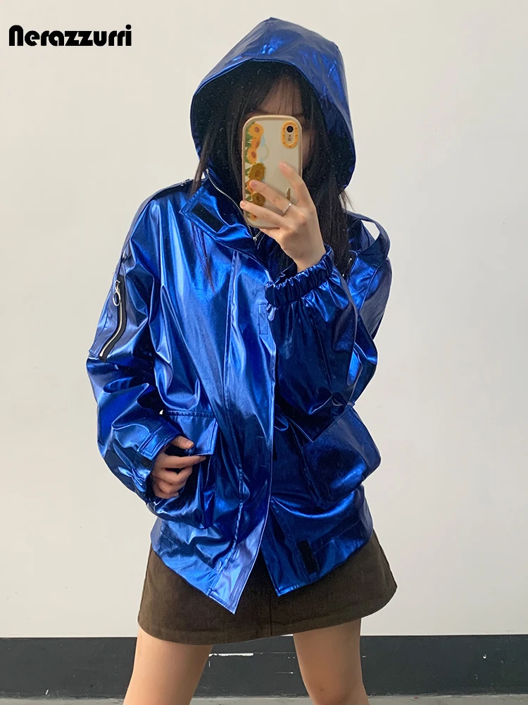 Nerazzurri Spring Oversized Cool Silver Gold Blue Shiny Reflective Patent Pu Leather Jacket Women with Hood Unisex Y2K Clothes