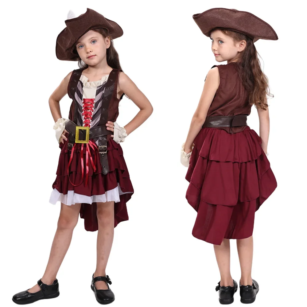 Disfraz Infantil de Pirata Somalí para Halloween, Traje de Pirata para Niñas, Ropa para Juegos de Rol, Incluye Accesorios para la Cabeza y Cinturón