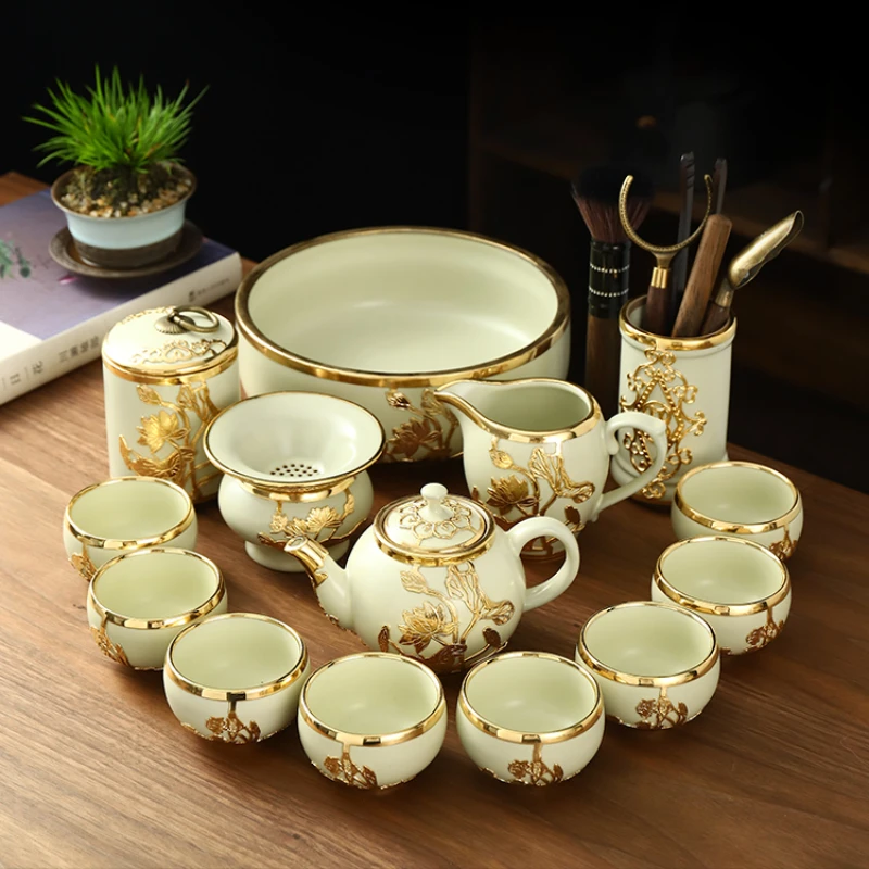 Gold inlaid jade Ru kiln ceramic Jingdezhen tea set set light luxury high-end tea pot household kungfu tea cup