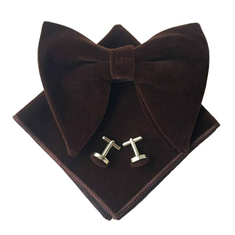 Fashion Velvet Big Bowties Set Women Men Solid Bow Tie Wedding Tuxedo Groom Oversize Bow Knot  Pocket  Square Cravats Cuff-links