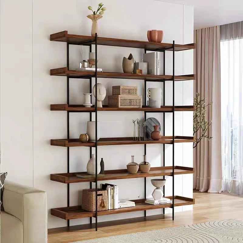 Multi-layer floor-to-ceiling solid wood bookshelf Wrought iron shelf Living room aesthetic storage rack Dining side cabinet