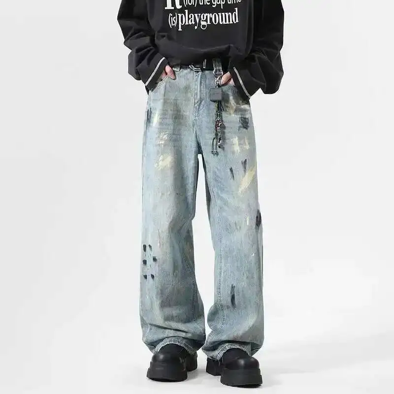 Niche Design Men's Jeans Splash-ink Contrast Color American Style Loose Straight Wide Leg Casual Male Denim Pants New 9XSIR