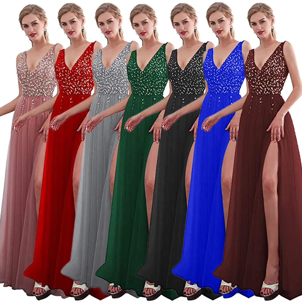 

Women Vintage Sequined V Neck Sleeveless Slim Swing Sexy Split Long Dress Evening Party Maxi Dresses