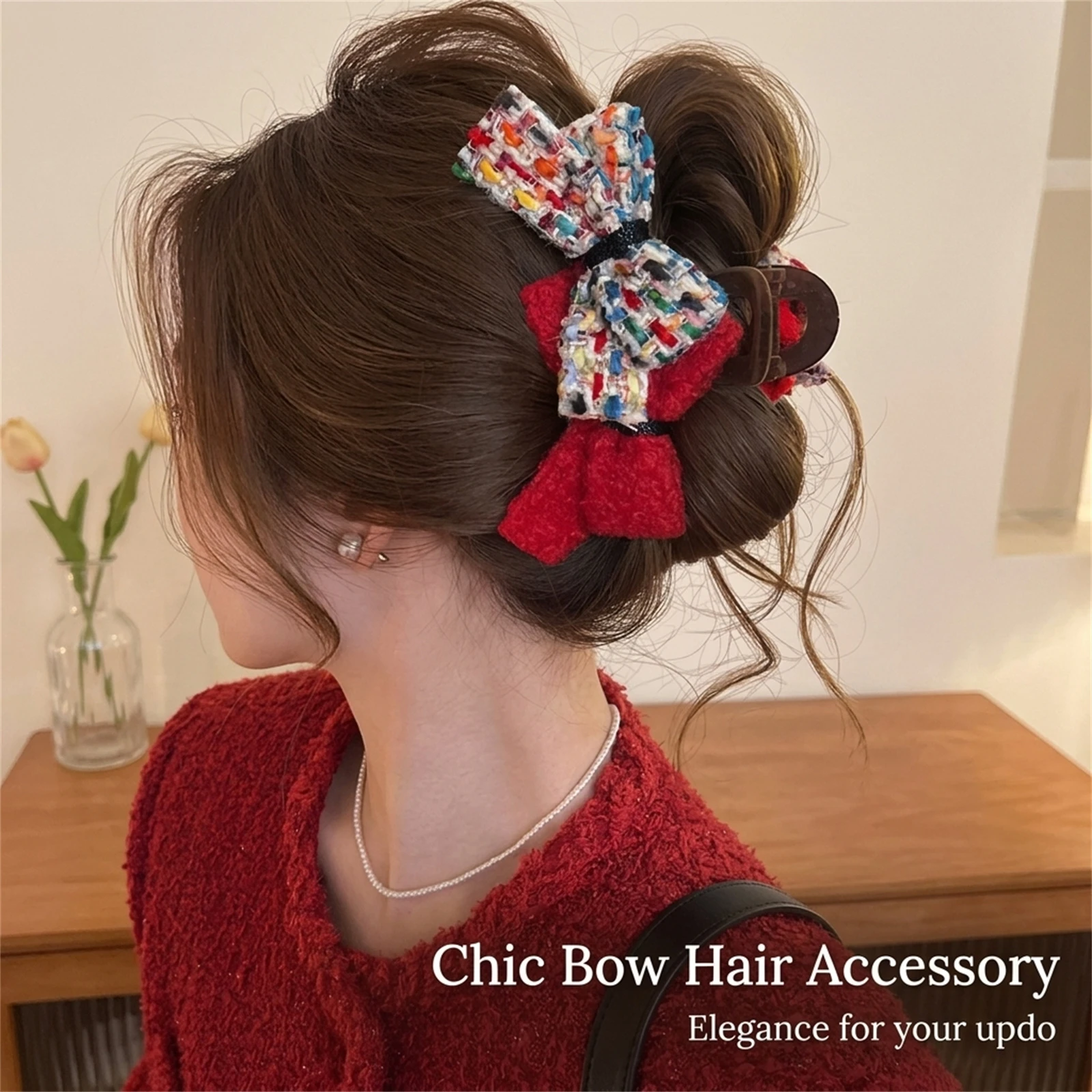 Hair Claw Clip Color Block Double-Bows Design Strong Spring Grip Polished Surface for Women Long and Medium Hair Autumn Winter