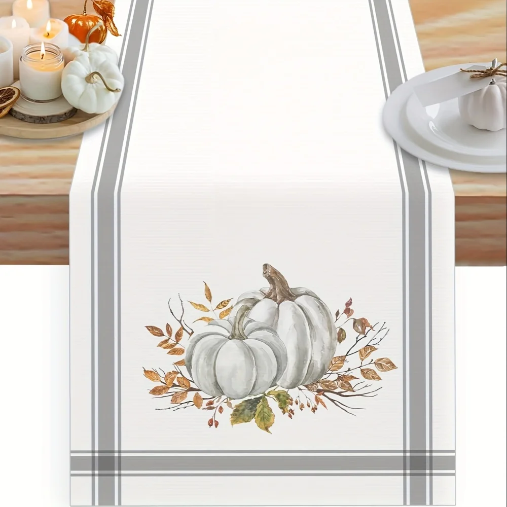 1pc, Fall Thanksgiving White Pumpkin Leaf Branch Table Runner Seasonal Harvest Autumn Gray Stripes Kitchen Dinner Decorations