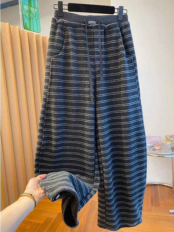 

Утепленные повседневные брюки больших размеров для женщин, осенне-зимние свободные брюки с полосками, на флисовой подкладке, для отдыха