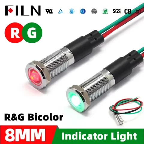 FILN 8mm two-color Red and Green 6V 12V 24V 36V 48V 120V 220V Metal Indicator Light led indicator light with 20cm cable
