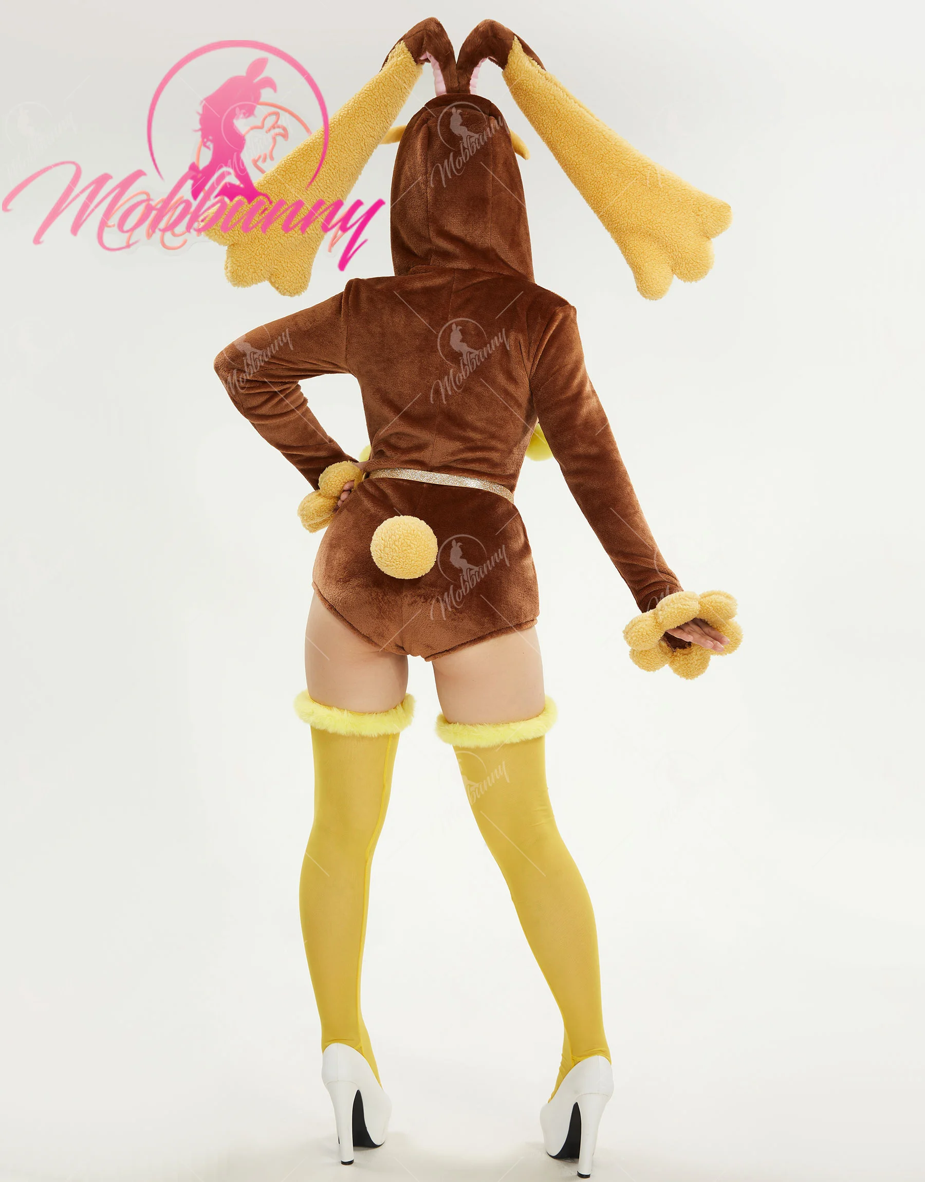 Mobbunny PM derivato peluche Homewear Fluffy Bodycon pagliaccetto con cappuccio body con calzini alla coscia e girocollo